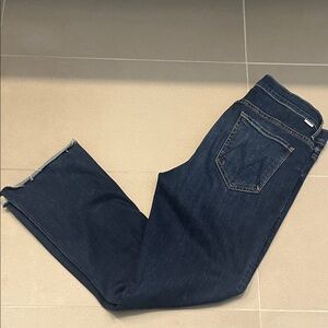 MOTHER Women’s Deep Indigo Straight Jeans with slight distressing and raw hem